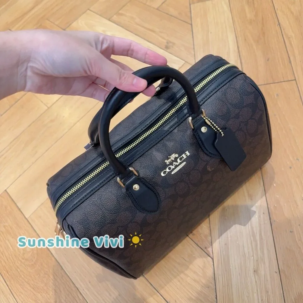 NWT Coach Rowan Large Satchel Bag In Signature Canvas CV959 Gold/Walnut /Black - Picture 2 of 9